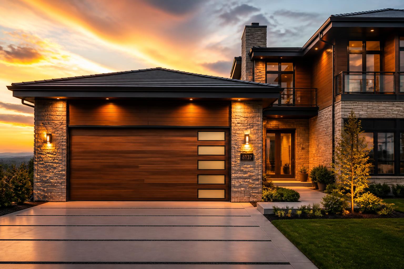 Two modern black garage doors with frosted glass inserts on a stone-facade Toronto home — a real Prime Time install